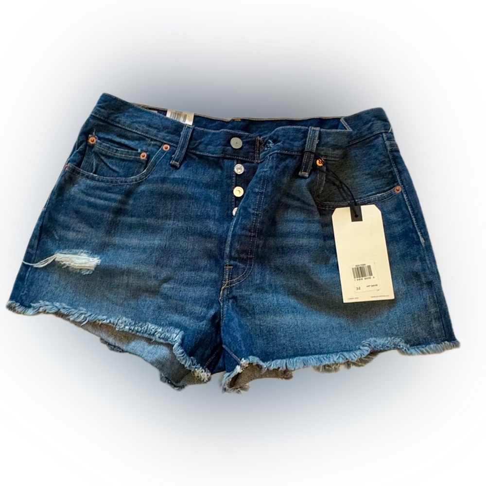 Levi’s 501 Button Fly Distressed Denim Shorts Size 32 Raw Hem High Rise NWT